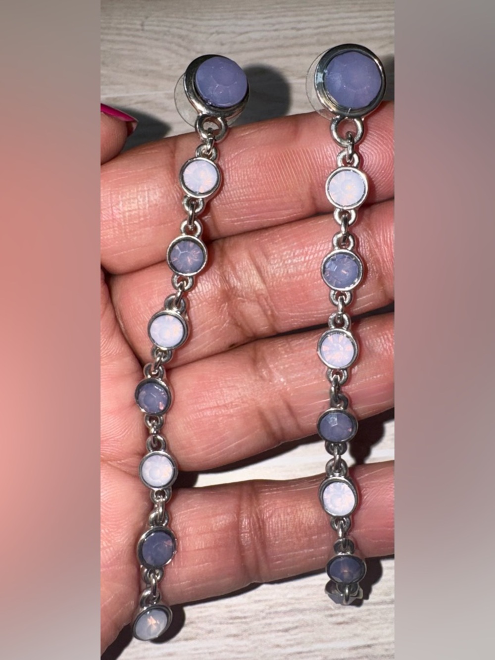 Long Dangle Earrings with Blue Opalescent Stones - Picture 5 of 5